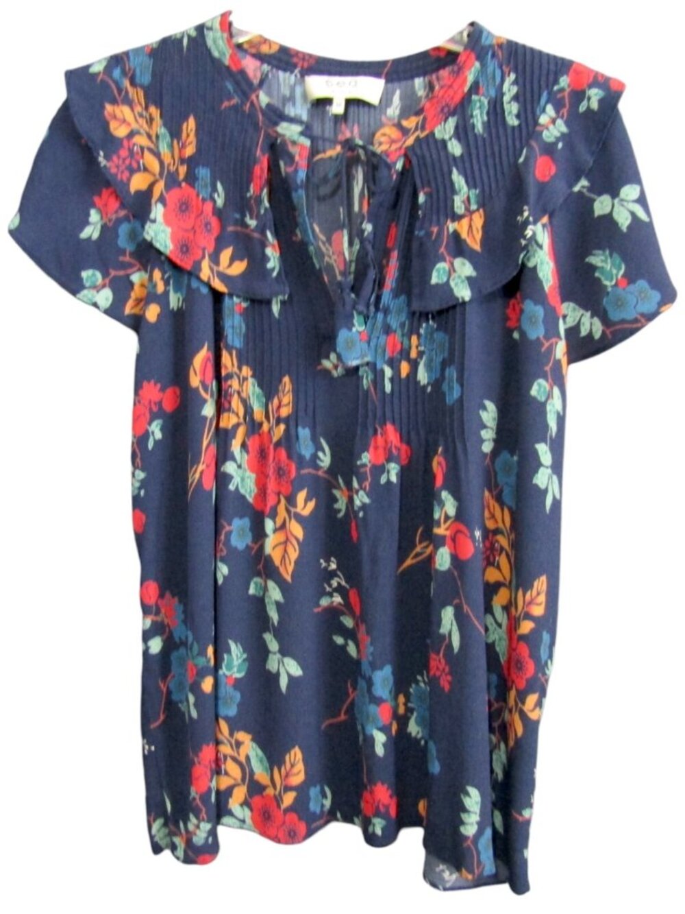 Sea New York Navy Blue Floral Top Size 10 Tie Front Pleated Ruffle Short Sleeve